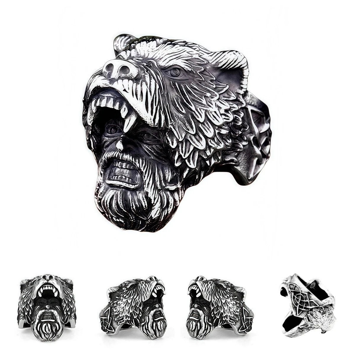 Men's Premium Norse Viking Ring Bear Head & Warrior Gothic Punk Style Biker Band # R96