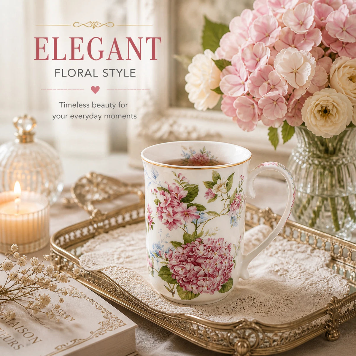 1-6x 405ml Fine Porcelain Mug Pink Hydrangea Floral Tea Coffee Cup Gift Home Office