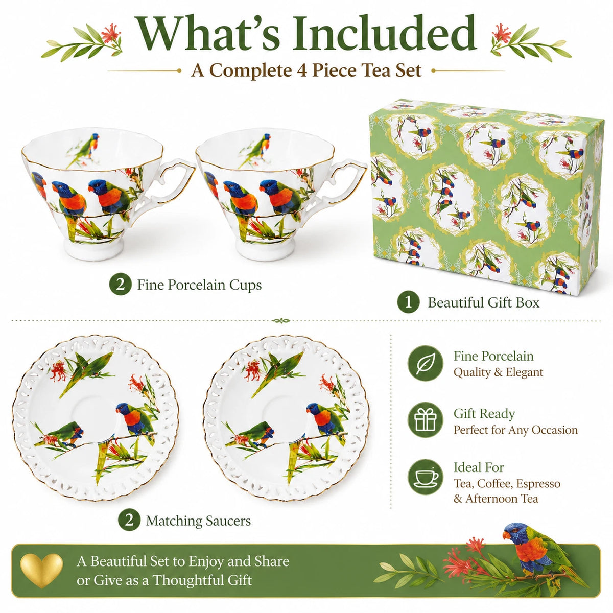 Set of 2 Cups & Saucers 250cc Rainbow Lorikeets Bird Fine Porcelain Gift Box