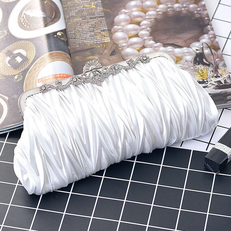Women Satin Wedding Party Bag Bridal Cocktail Prom Pleated Dinner Evening Clutch