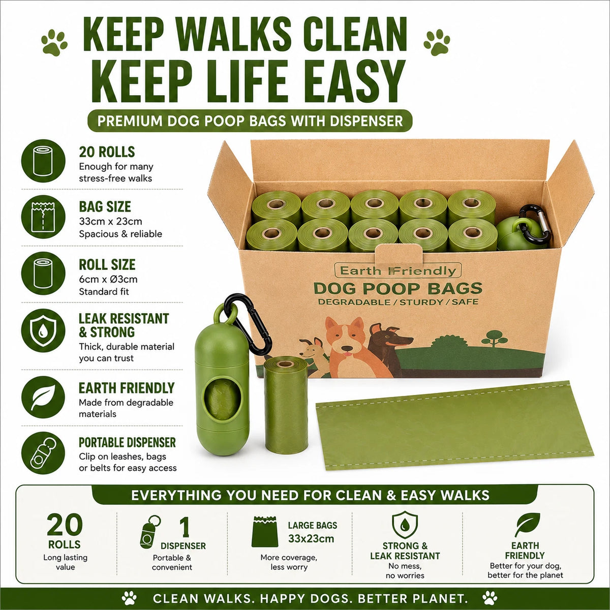 Share 20 Rolls Dog Poop Bags with Dispenser Strong Leak Resistant Waste Bags Easy Tear