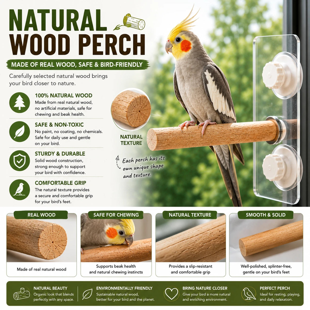 Natural Wood Bird Window Perch 25cm Suction Cup Seat Stand For Budgie Cockatiel