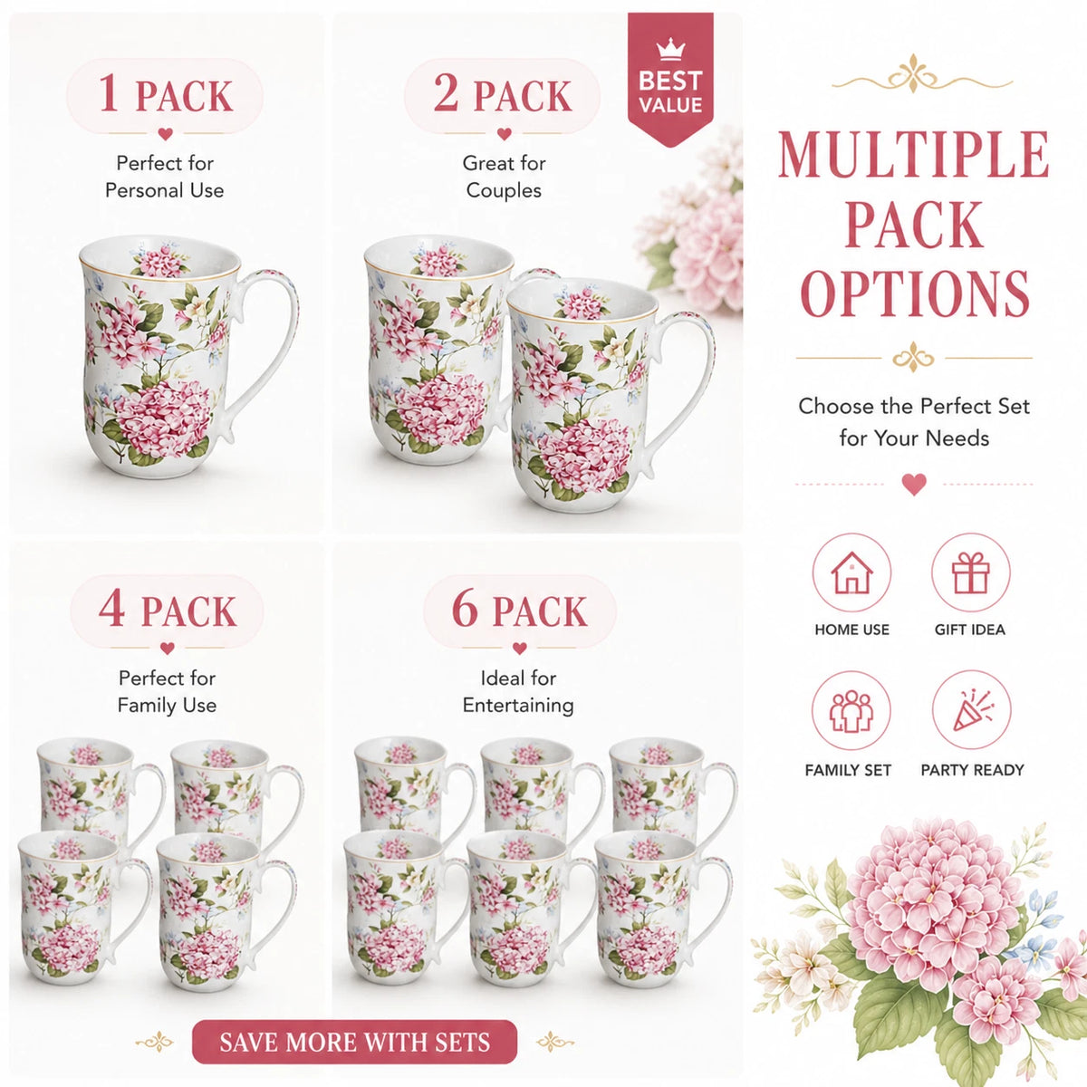 1-6x 405ml Fine Porcelain Mug Pink Hydrangea Floral Tea Coffee Cup Gift Home Office