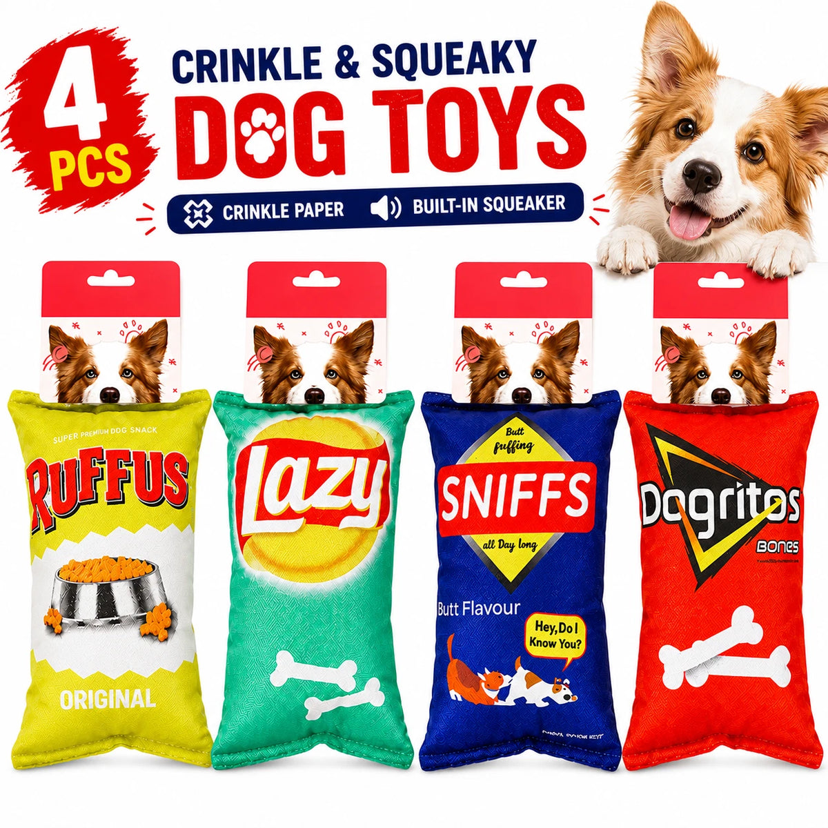 4PCS Crinkle Squeaky Dog Toys Plush Chip Bag Interactive Pet Puppy Chew Toy Soft