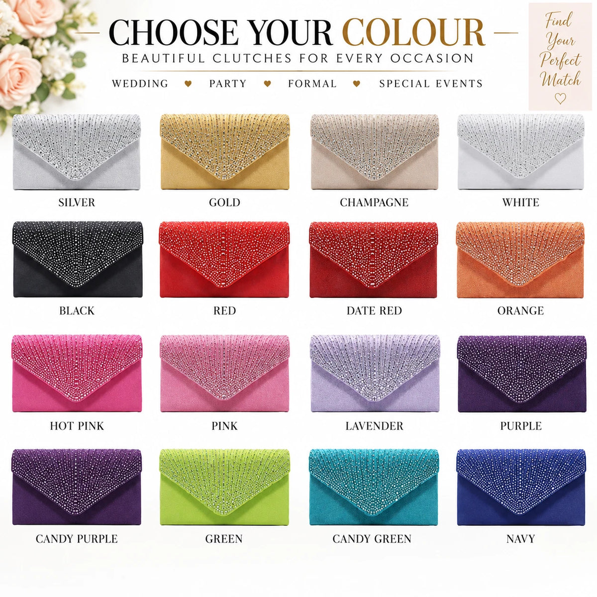 Women Rhinestone Satin Evening Clutch Bag Wedding Party Formal Bridal Handbag 12 Colour