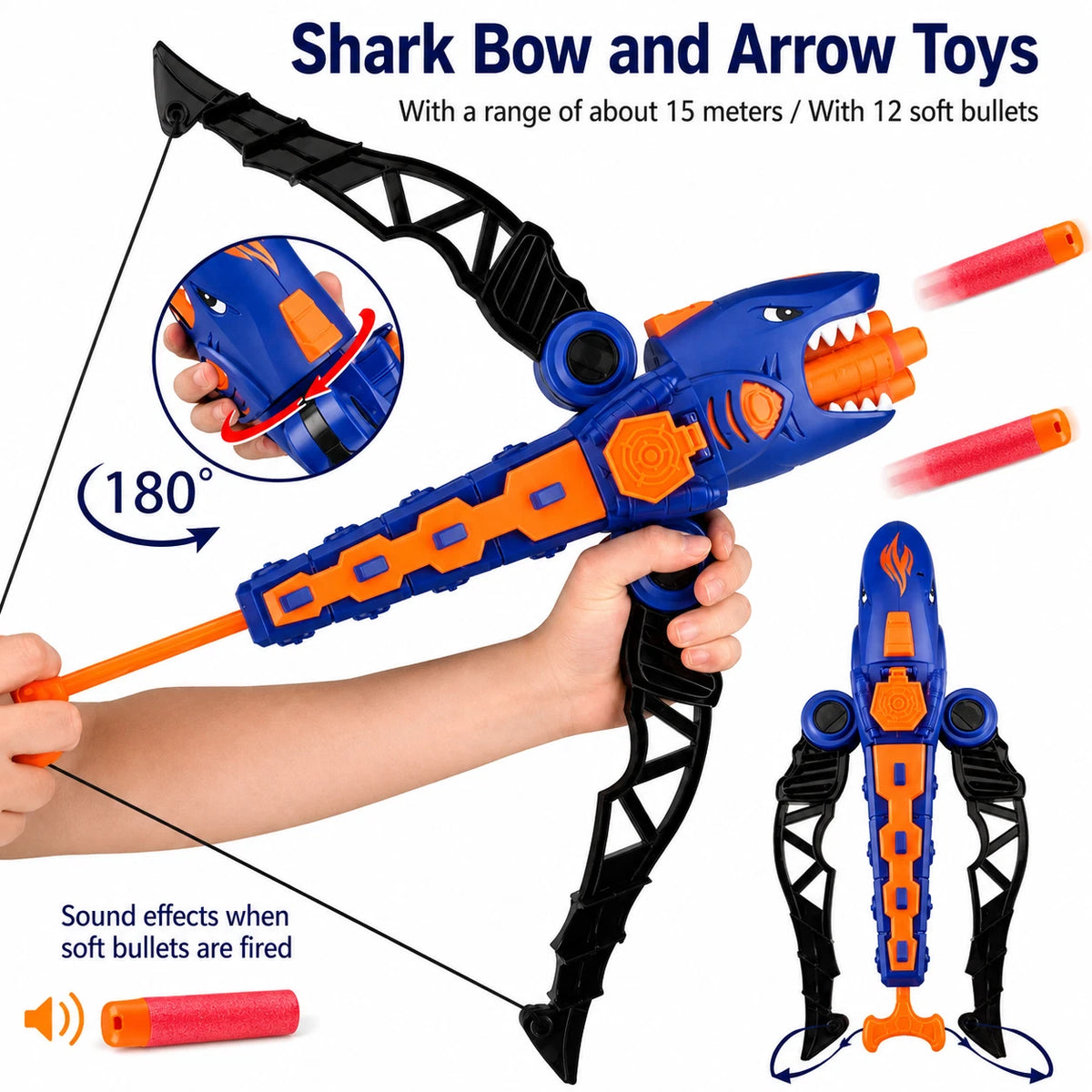 Shark Bow Foam Dart Toy EVA Soft Bullet Launcher 12 Darts Kids Target Game 6+