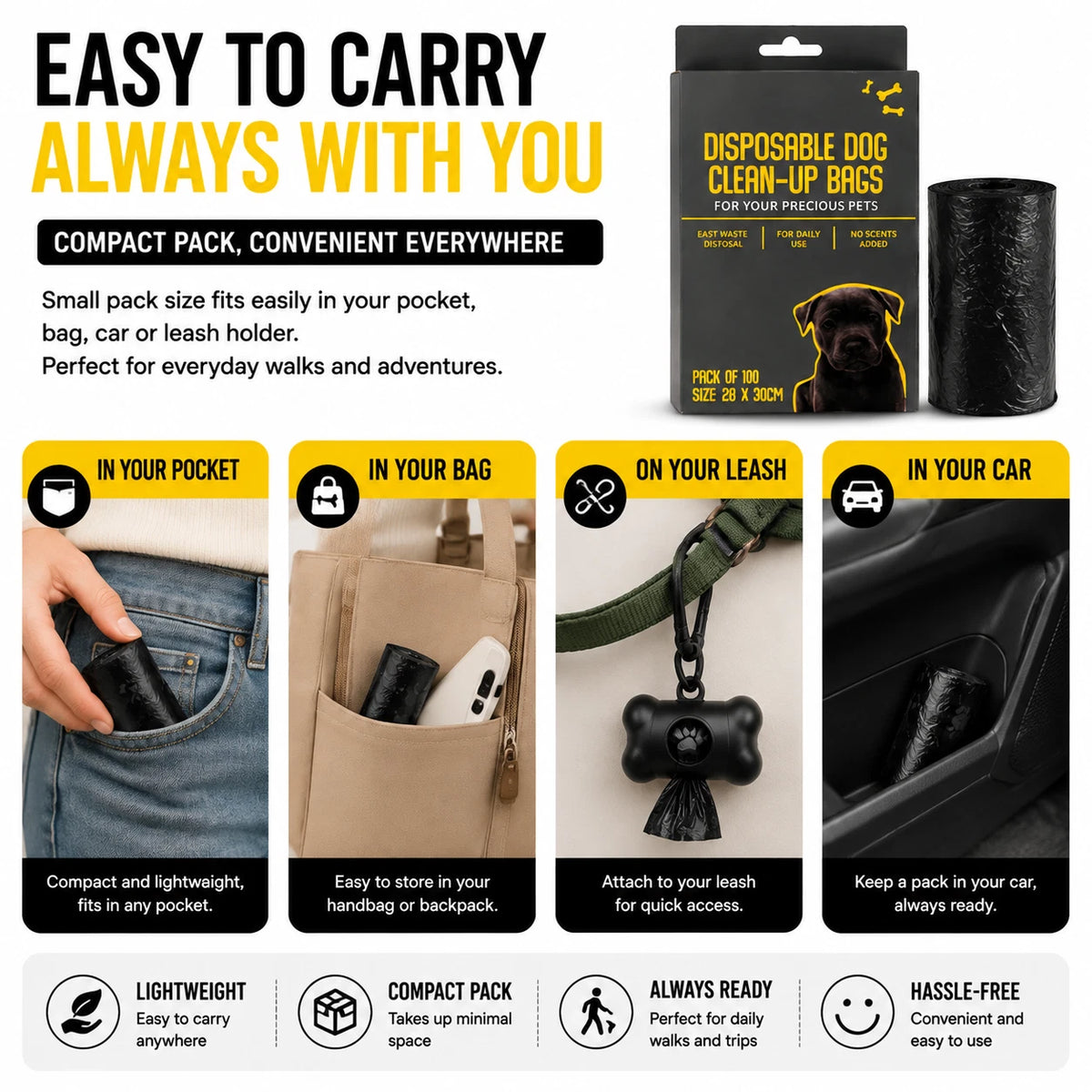 100x Dog Poop Bags Disposable Waste Bags Large 28x30cm T-Shirt Clean Up Black