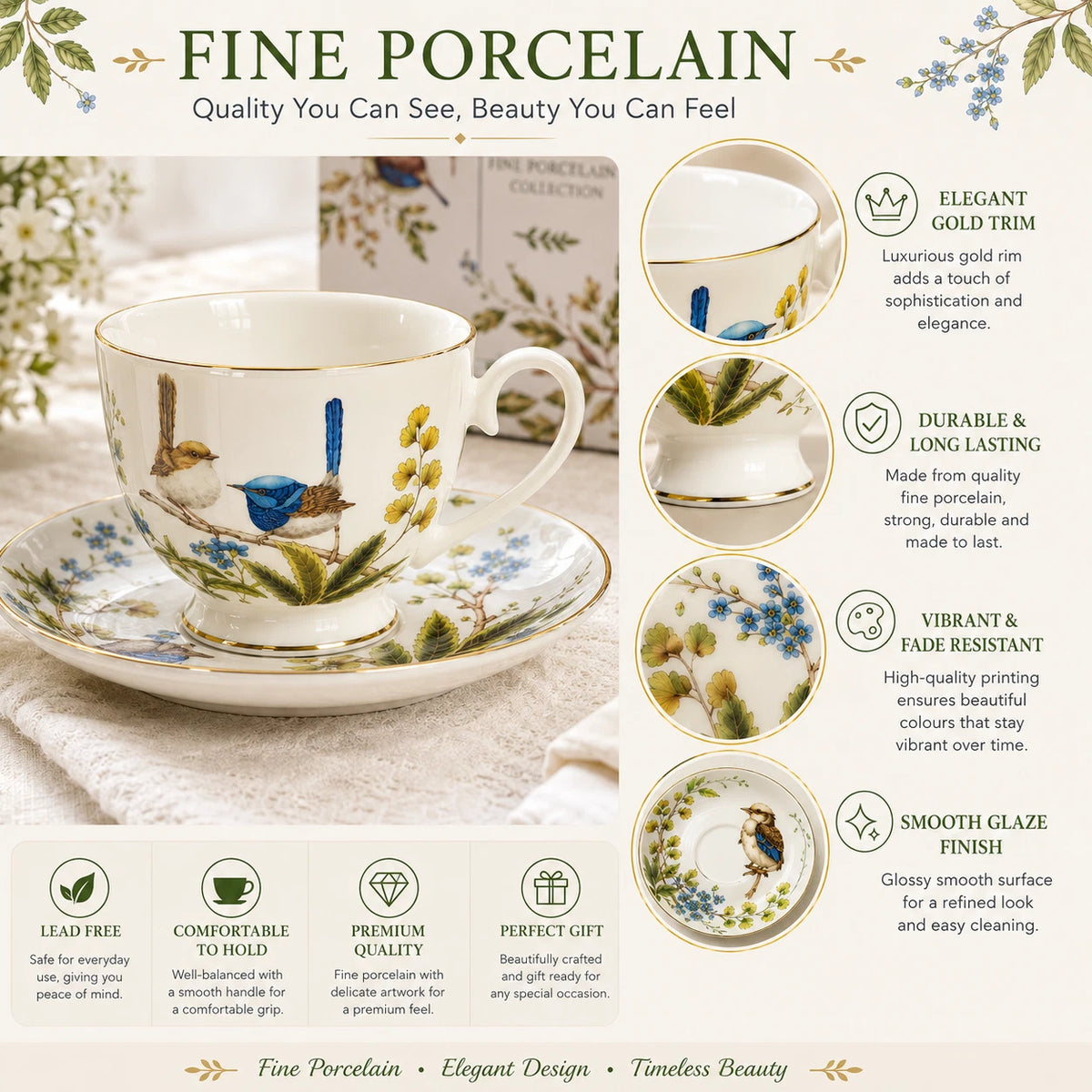 Set of 2 Cups & Saucers 250cc Australian Birds Blue Wren Fine Porcelain Gift Box