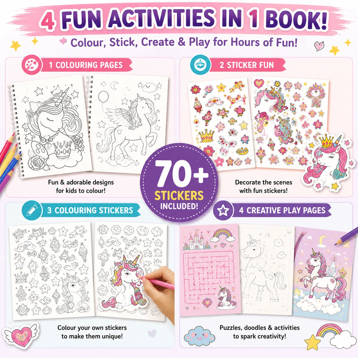 2x Creative Unicorn Colouring & Stickers Activity Book Kids Spiral Bound Craft Fun Pink & Blue Mixed Set