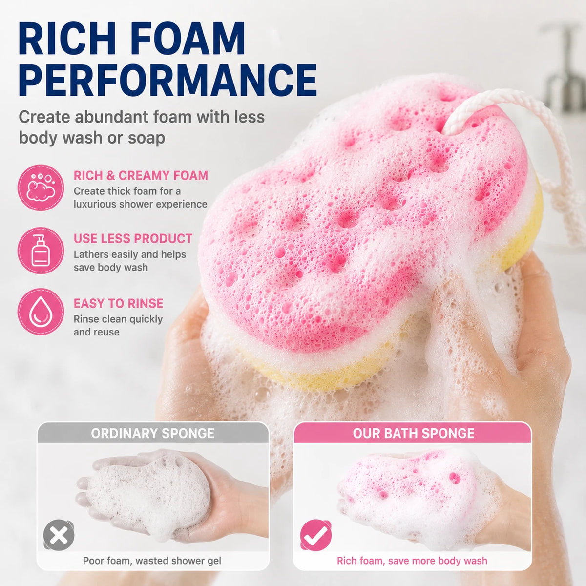 3x Bath Shower Sponge w Rope Deep Cleaning Body Scrubber Exfoliating Soft Foam