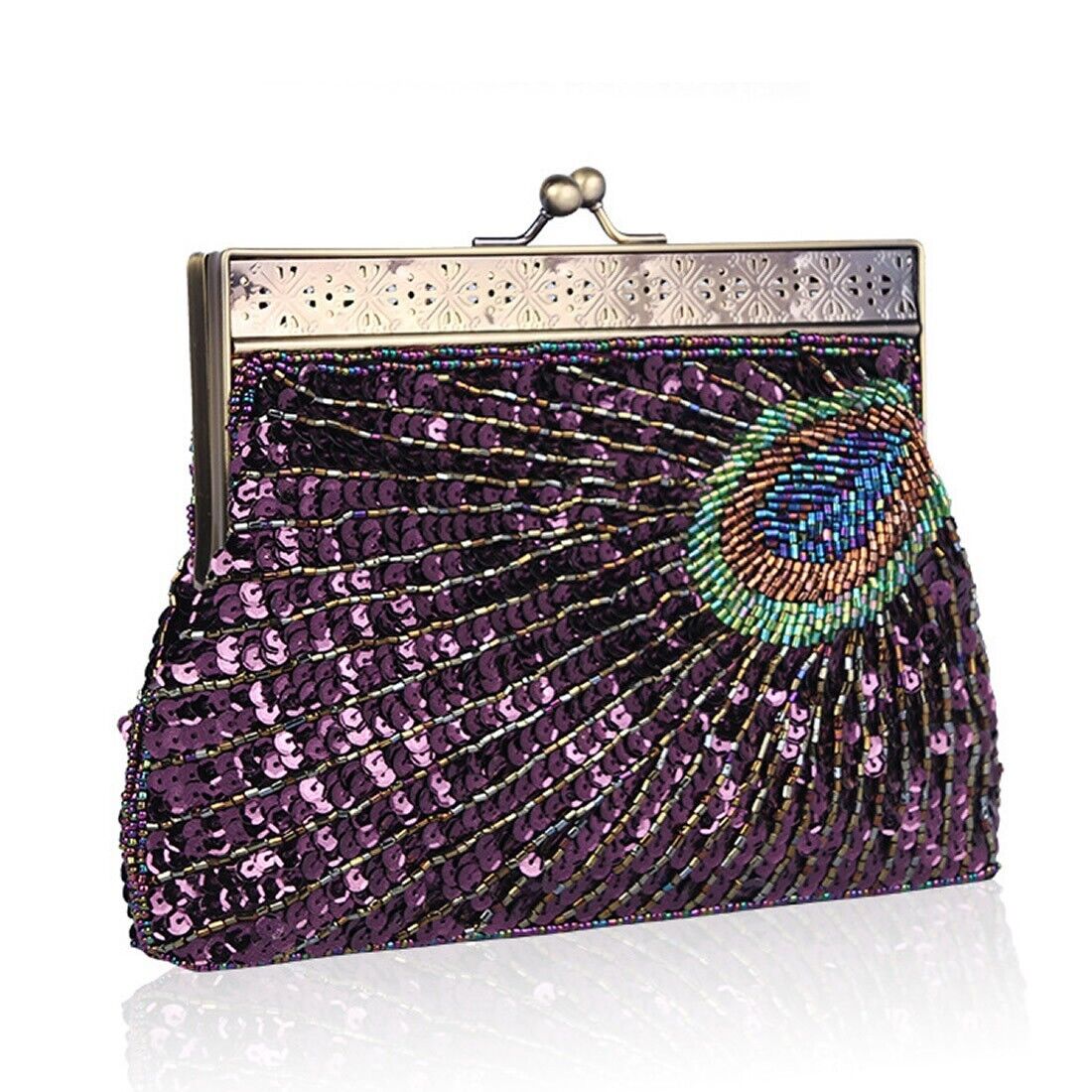 Women Bridal Metal Frame Sequined Bead Party Wedding Handbag Prom Evening Clutch