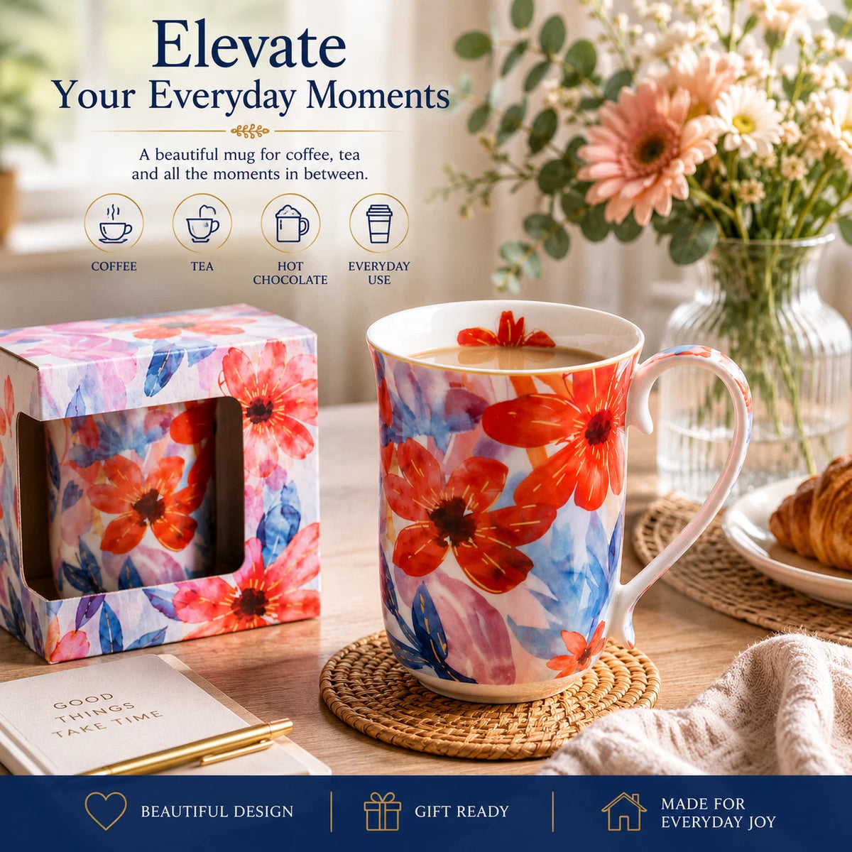 1-6x Watercolour Flora Fine Porcelain Coffee Mug 405cc Coral Flowers Tea Cup