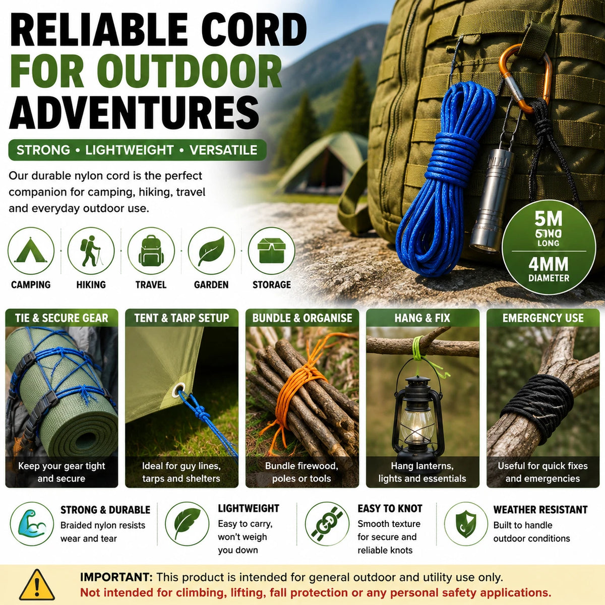 6 Pack 5M 4MM Nylon Braided Cord Rope Craft Camping Hiking DIY Macrame Binding 6 Color