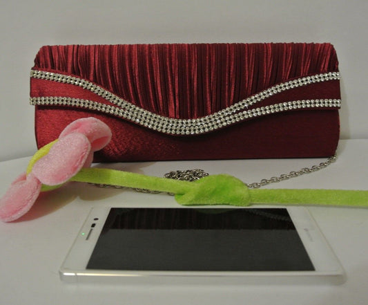 NEW Shining Satin Lady Evening Clutch Bag Wedding Bridal Chain Handbag Wine Red