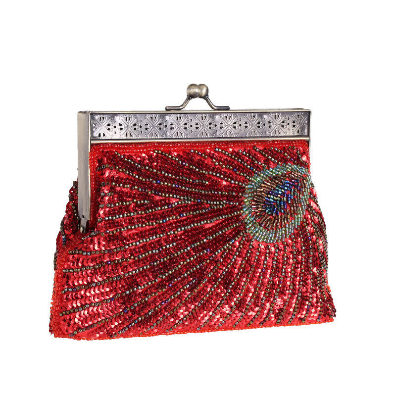 Women Bridal Metal Frame Sequined Bead Party Wedding Handbag Prom Evening Clutch
