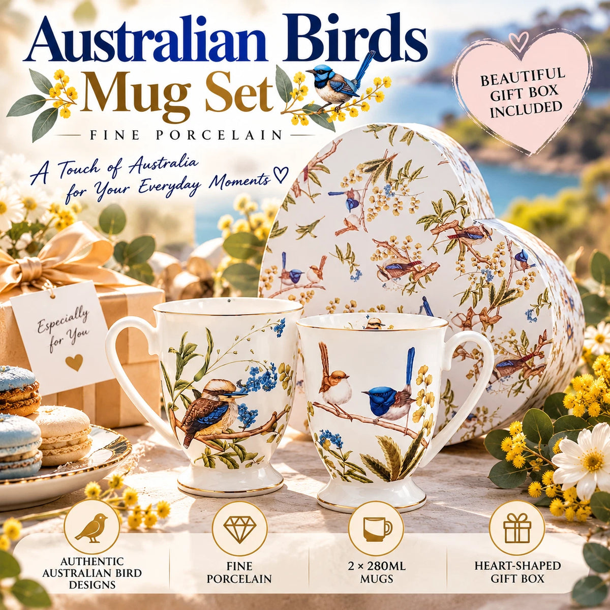 Set of 2 280cc Coffee Mug Fine Porcelain China Australian Bird Heart Gift Box