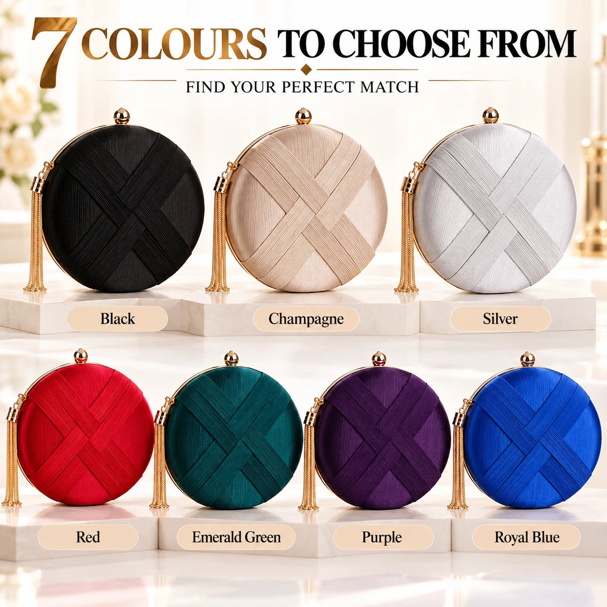 Women Round Evening Clutch Bag Wedding Party Prom Formal Tassel Chain Handbag 7 Colour