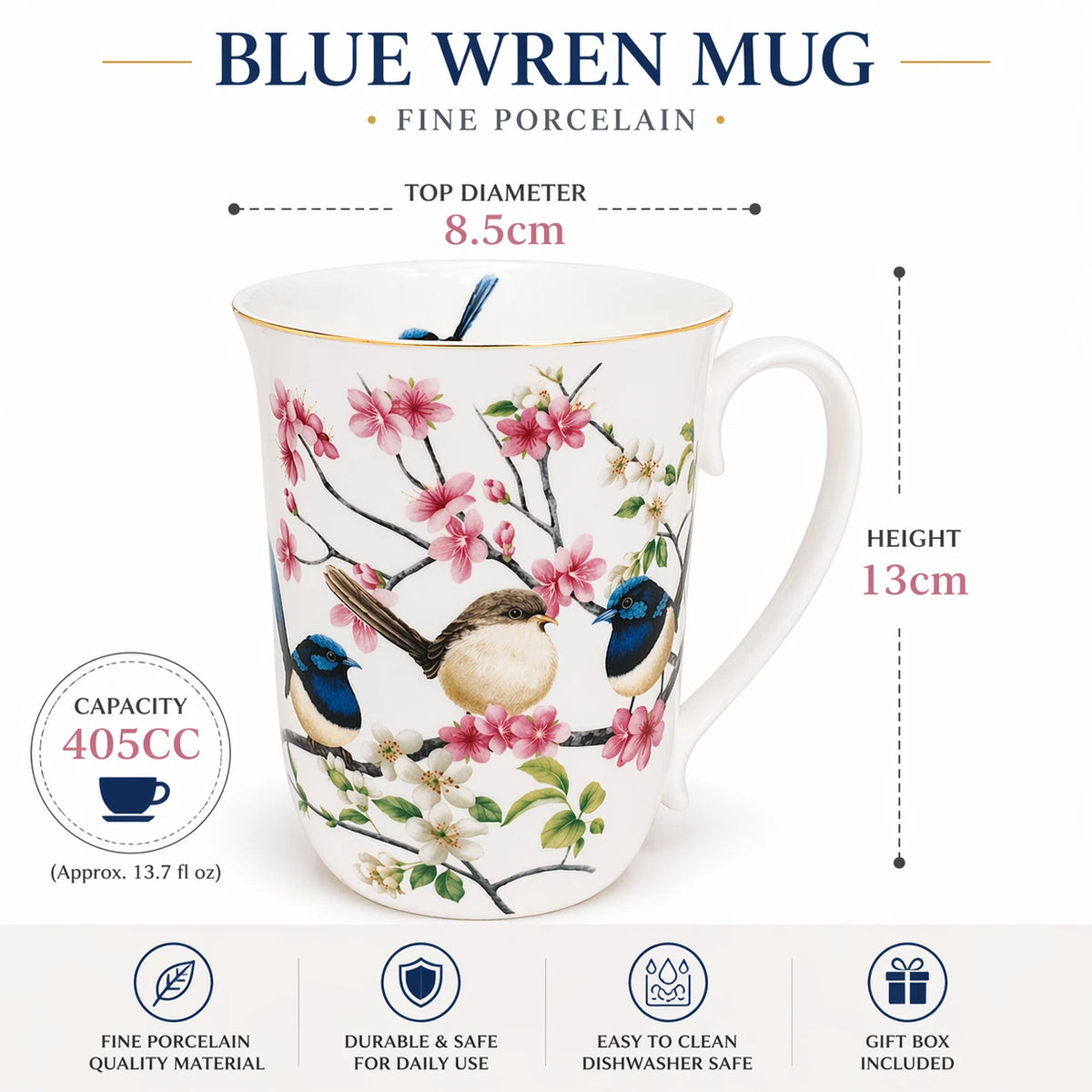 1-6x Fine Porcelain Blue Wren Mug 405cc Coffee Tea Cup Gift Birds of Australia