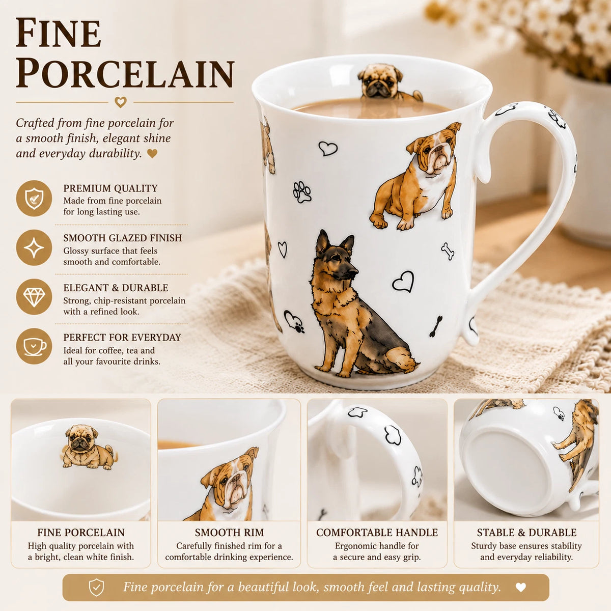 1-6x 405cc Cute Dog Fine Porcelain Mug Coffee Tea Cup Home Decor Gift Box