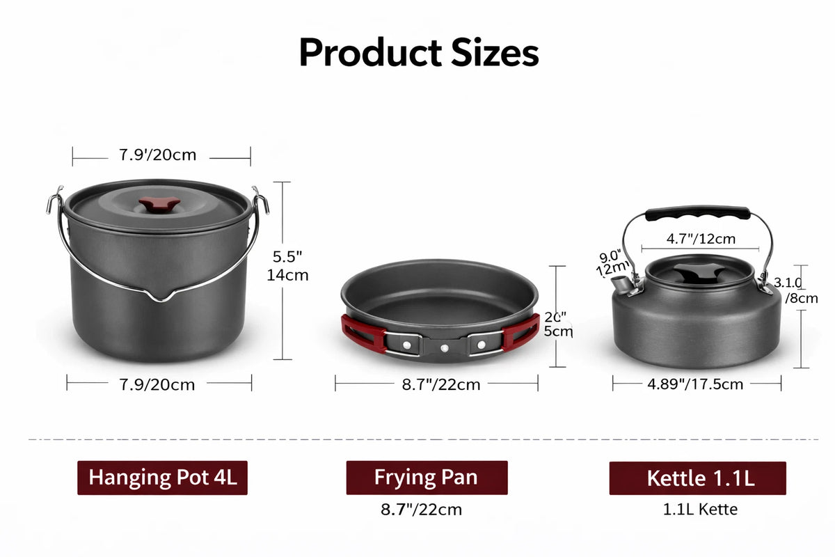 Camping Cookware Set 4 Person Outdoor Cooking Pot Pan Kettle Picnic Hiking Kit
