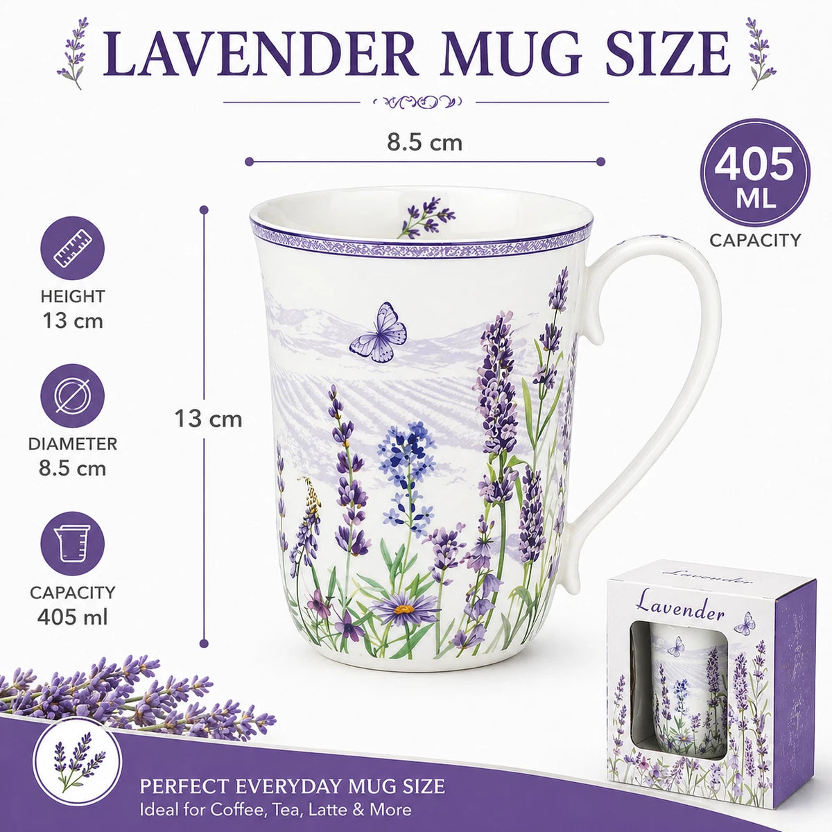 1-6x Lavender Floral Mug 405ml Fine Porcelain Tea Coffee Cup Mother's Day Gift