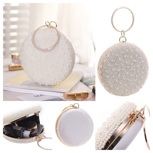 Fashion Woman Pearl Rhinestone Round Elegant Wedding Clutch Evening Party Bag