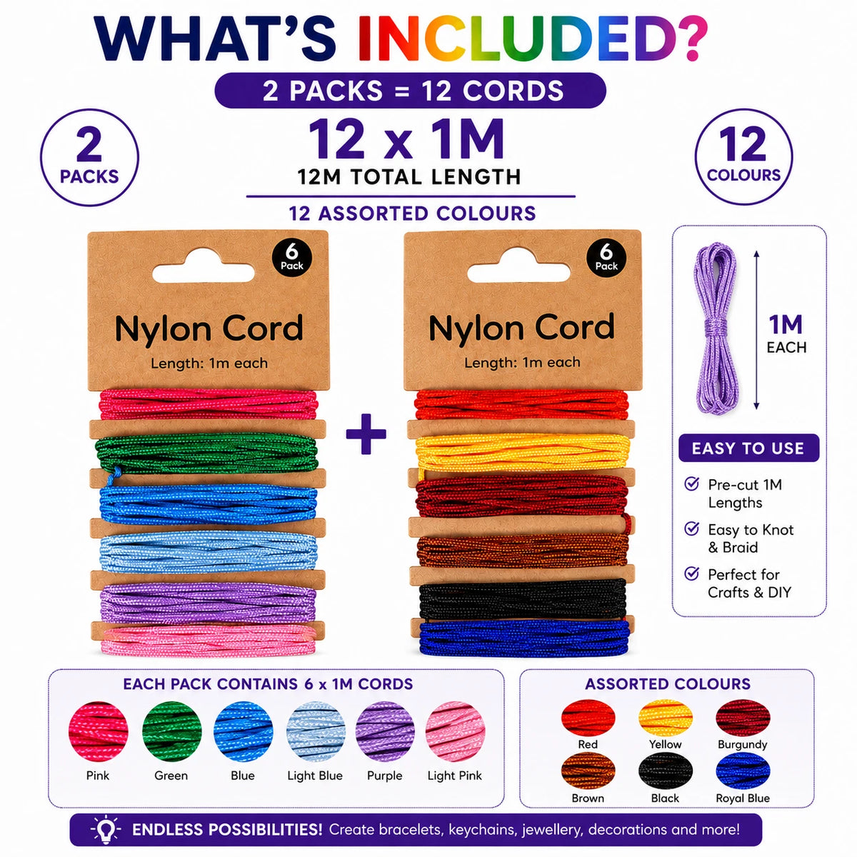 2 PACK Nylon Cord Assorted Colours Craft String Jewellery Braiding DIY 6 x 1M