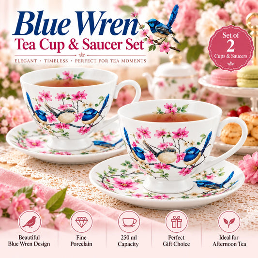 Set of 2 Cups & Saucers 250cc Australian Blue Wren Bird Fine Porcelain Gift Box