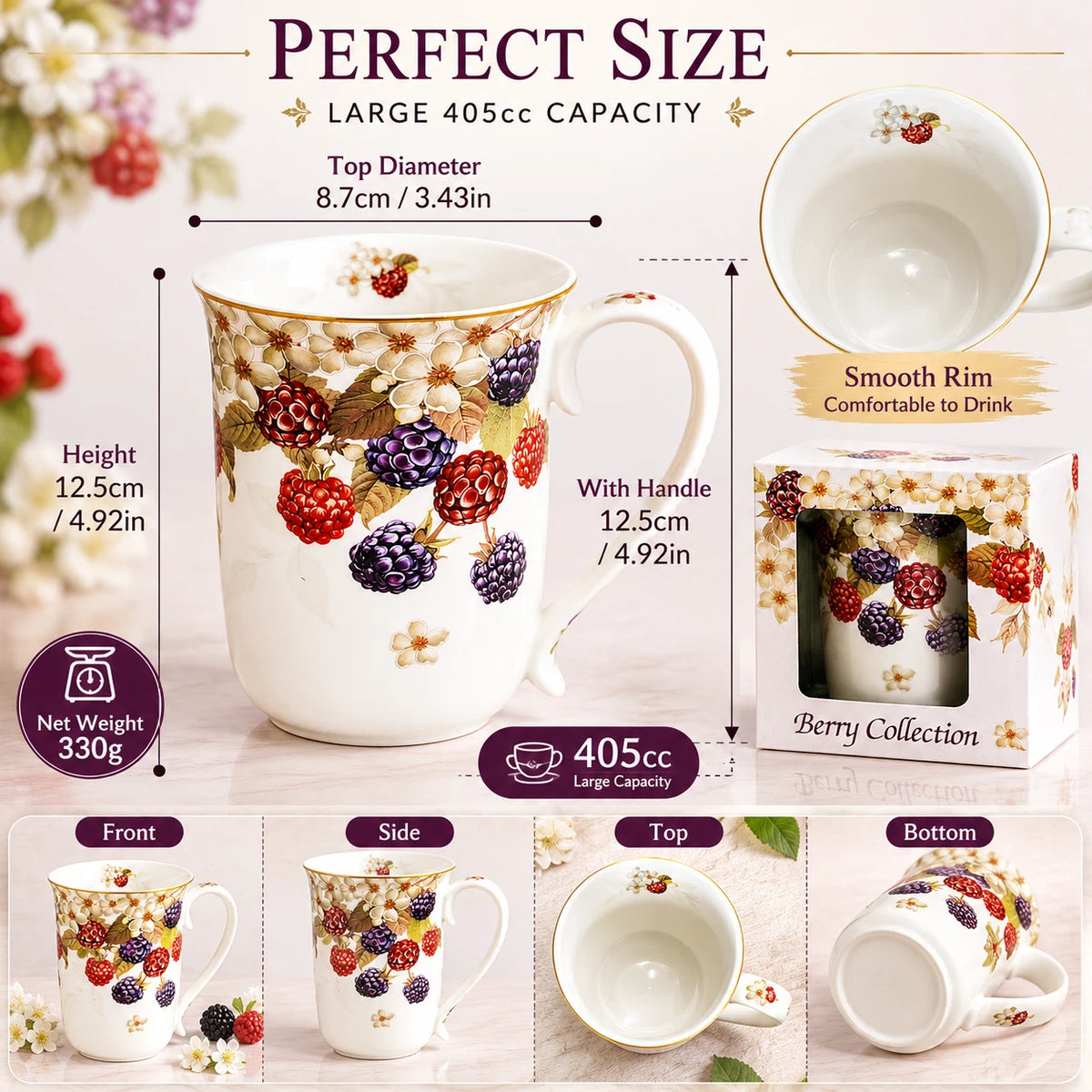 1-6x Wild Berry Floral Fine Porcelain Mug 405cc Coffee Flowers Tea Cup Gift