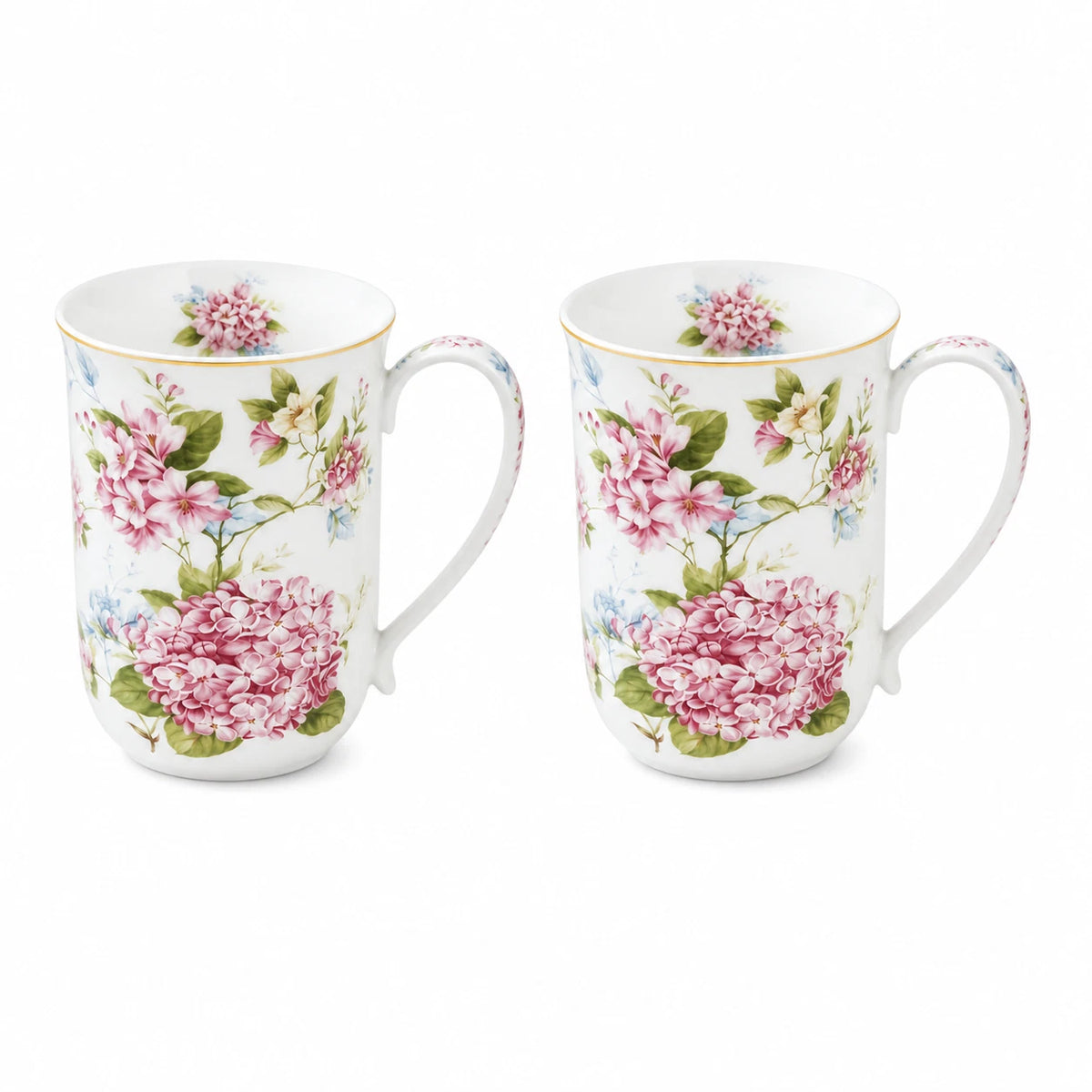1-6x 405ml Fine Porcelain Mug Pink Hydrangea Floral Tea Coffee Cup Gift Home Office
