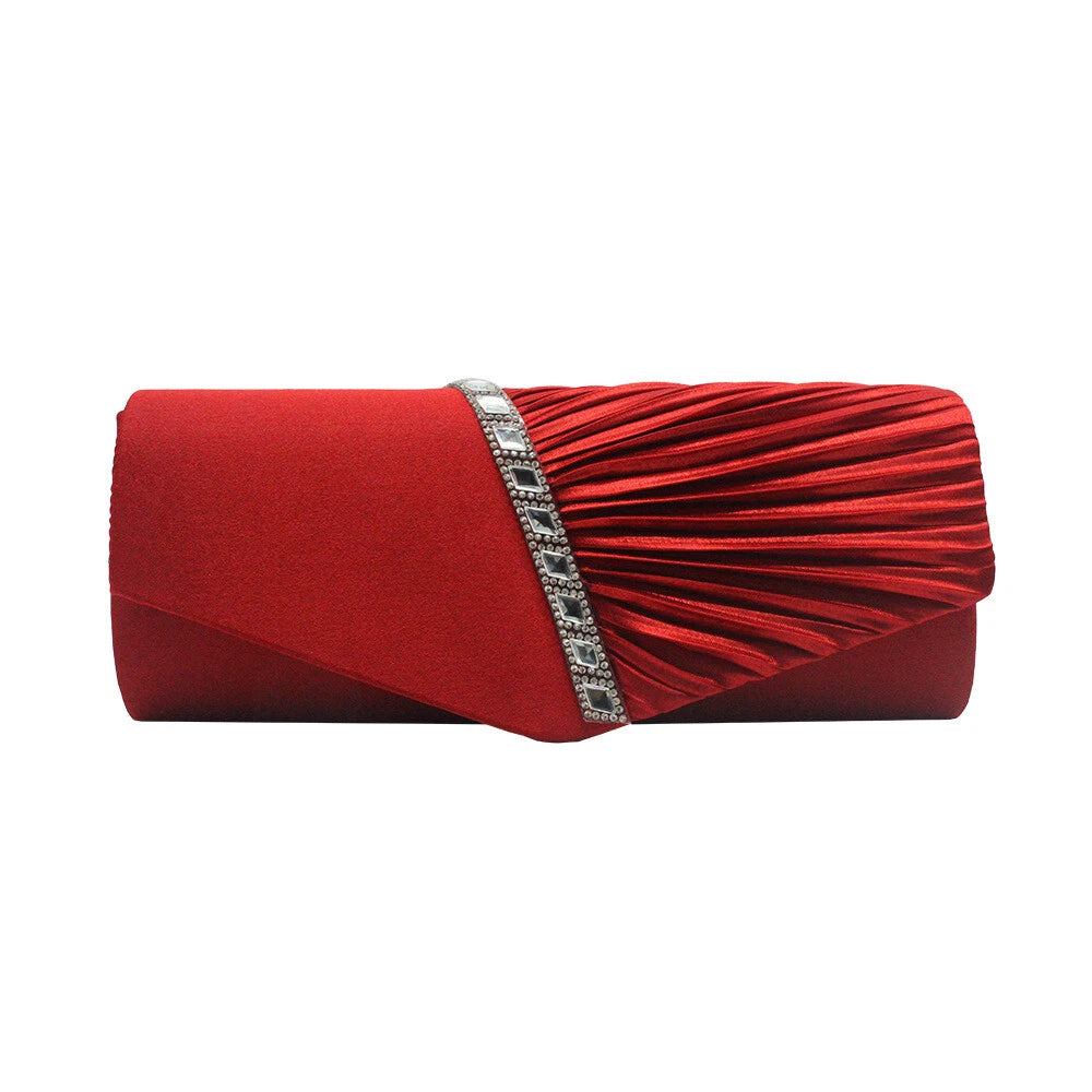 Women Satin Pleated Diamante Evening Clutch Bag Wedding Bridal Party Chain Bags 8 Colour