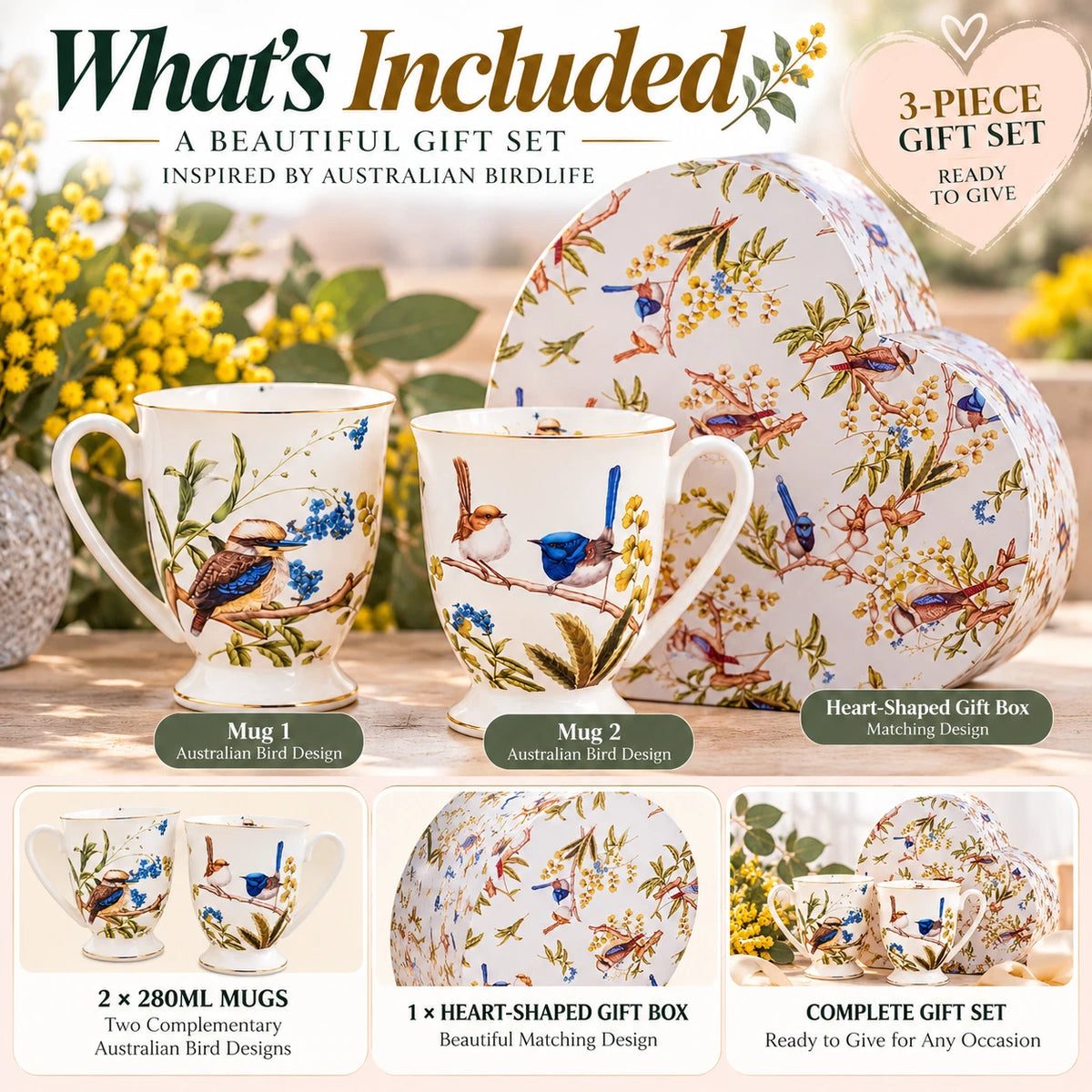 Set of 2 280cc Coffee Mug Fine Porcelain China Australian Bird Heart Gift Box