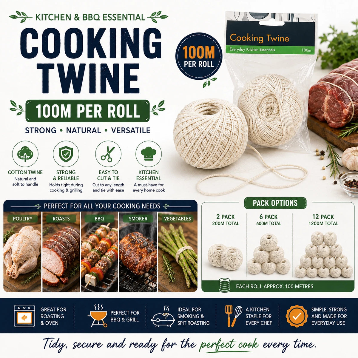2x 100M Cotton Butcher Twine Cooking String Meat Trussing Roast BBQ Kitchen