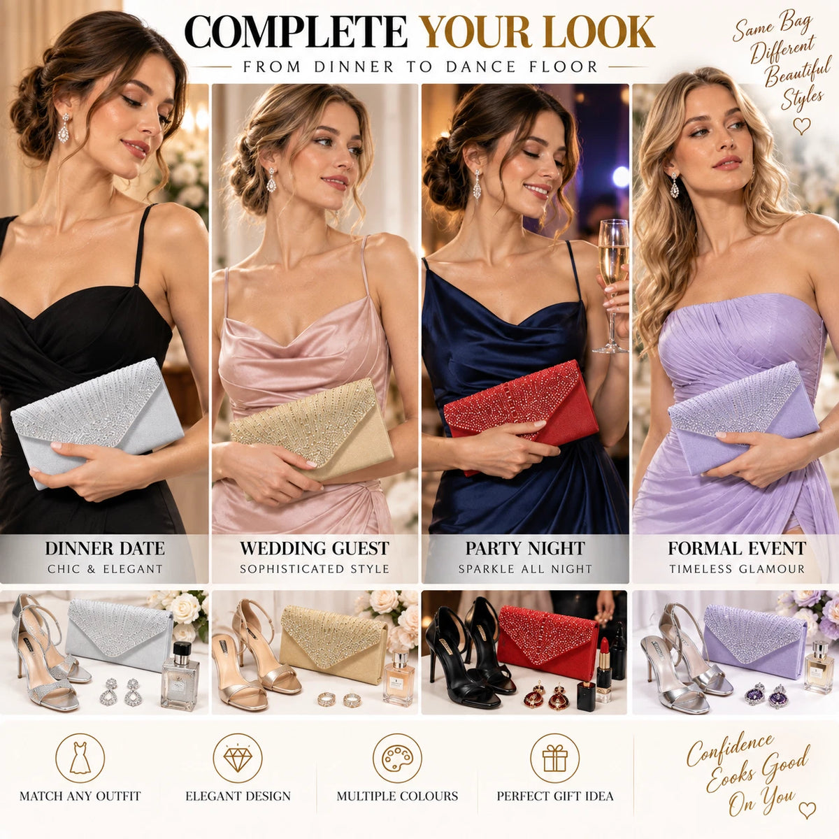 Women Rhinestone Satin Evening Clutch Bag Wedding Party Formal Bridal Handbag 12 Colour