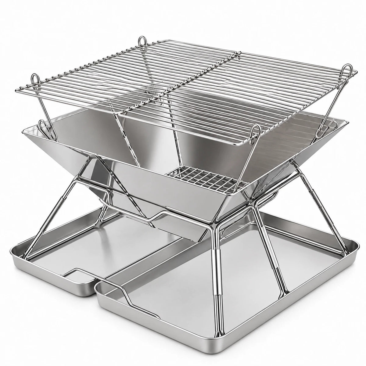 Portable Folding Charcoal BBQ Grill Stainless Steel Camping Outdoor Barbecue Set