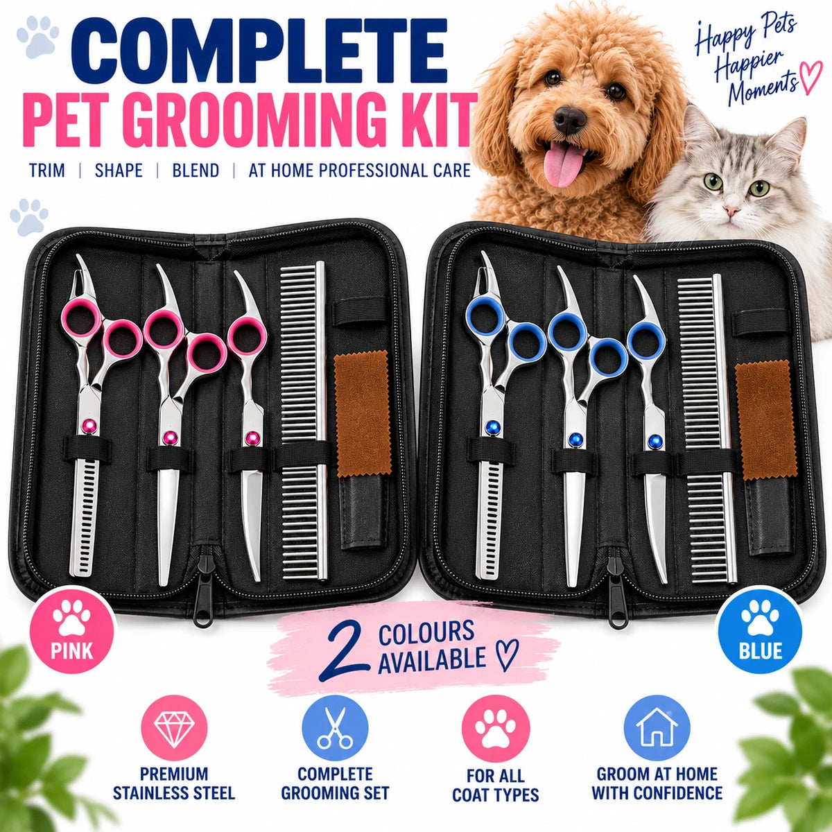 7" Dog Grooming Scissors Set Straight Curved Thinning Shears Stainless Steel