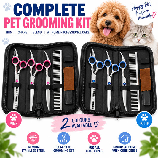 7" Dog Grooming Scissors Set Straight Curved Thinning Shears Stainless Steel