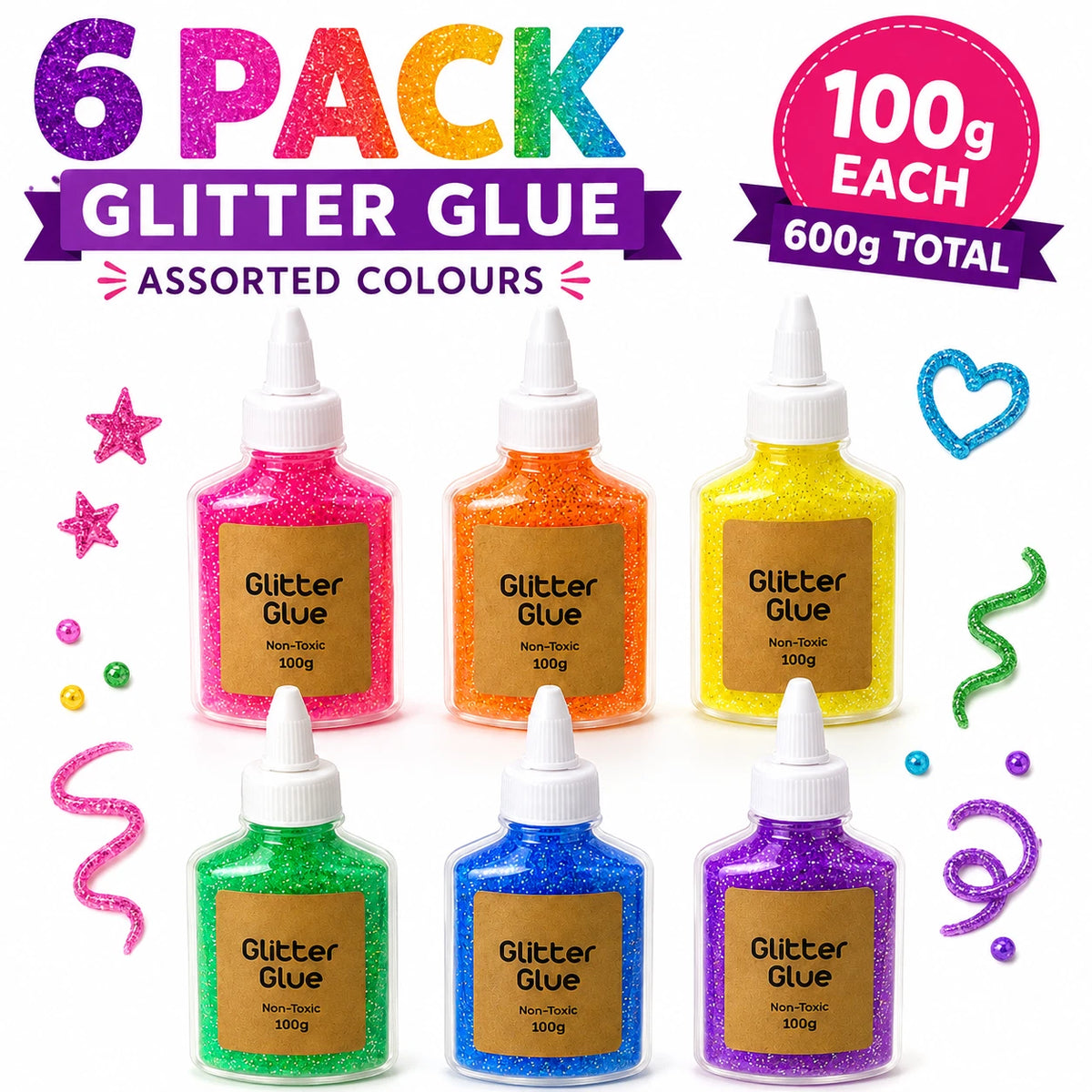 6 Pack 100g Glitter Glue Assorted Colours Sparkle Art Craft DIY Adhesive Decor
