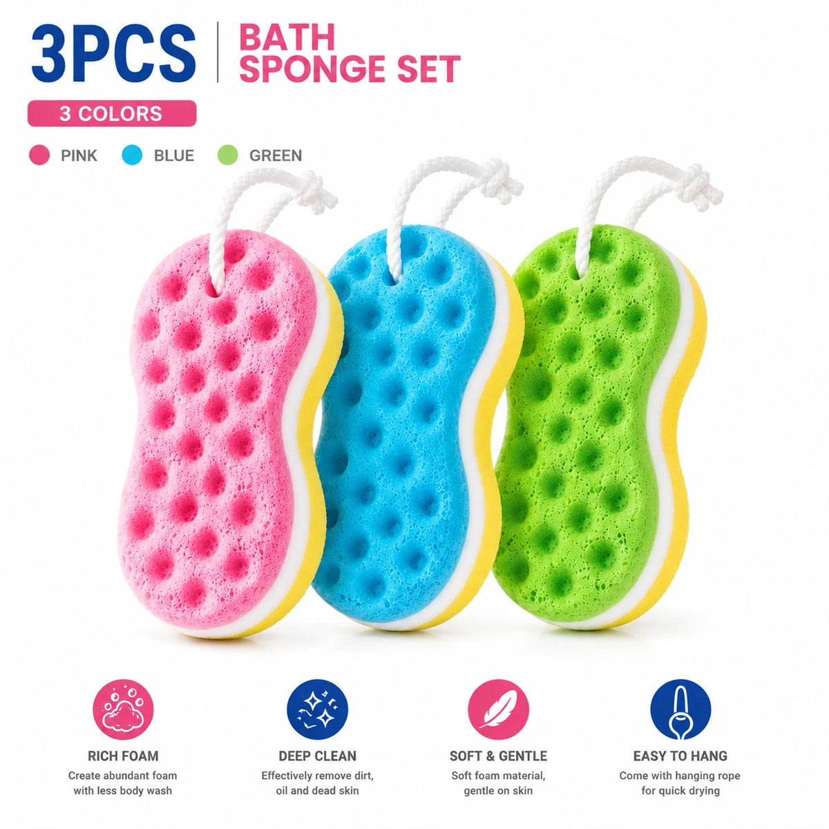 3x Bath Shower Sponge w Rope Deep Cleaning Body Scrubber Exfoliating Soft Foam
