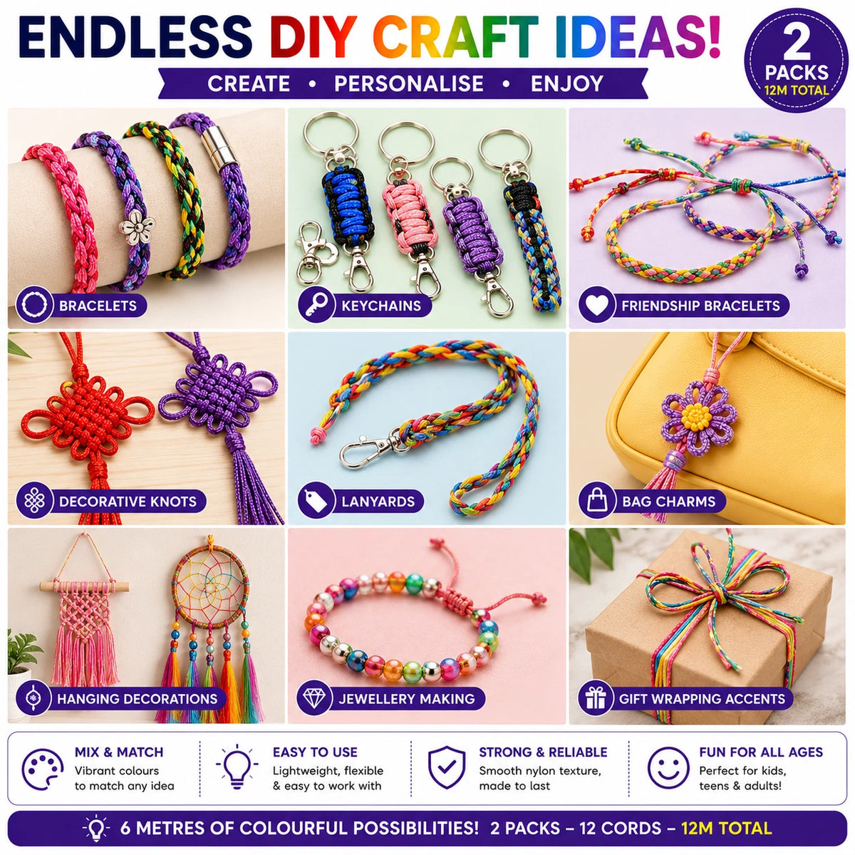 2 PACK Nylon Cord Assorted Colours Craft String Jewellery Braiding DIY 6 x 1M