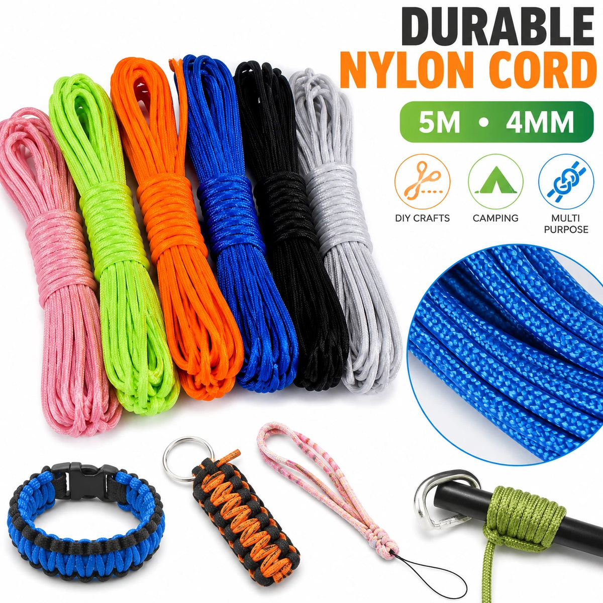 6 Pack 5M 4MM Nylon Braided Cord Rope Craft Camping Hiking DIY Macrame Binding 6 Color