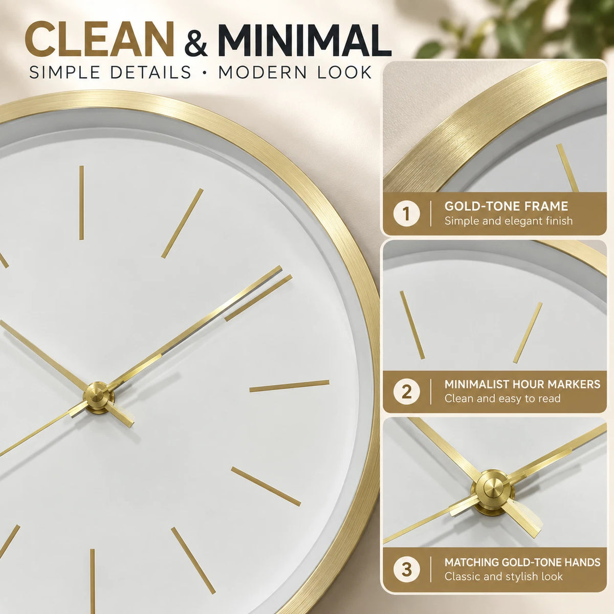 30cm Modern Wall Clock White Gold Minimalist Analogue Round Home Office Decor