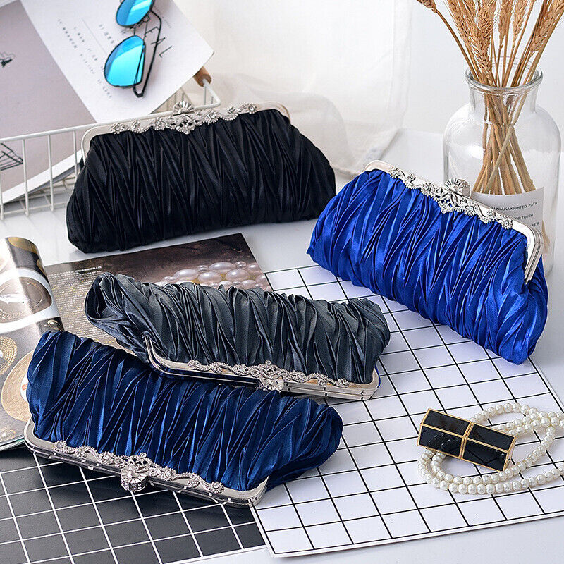 Women Satin Wedding Party Bag Bridal Cocktail Prom Pleated Dinner Evening Clutch