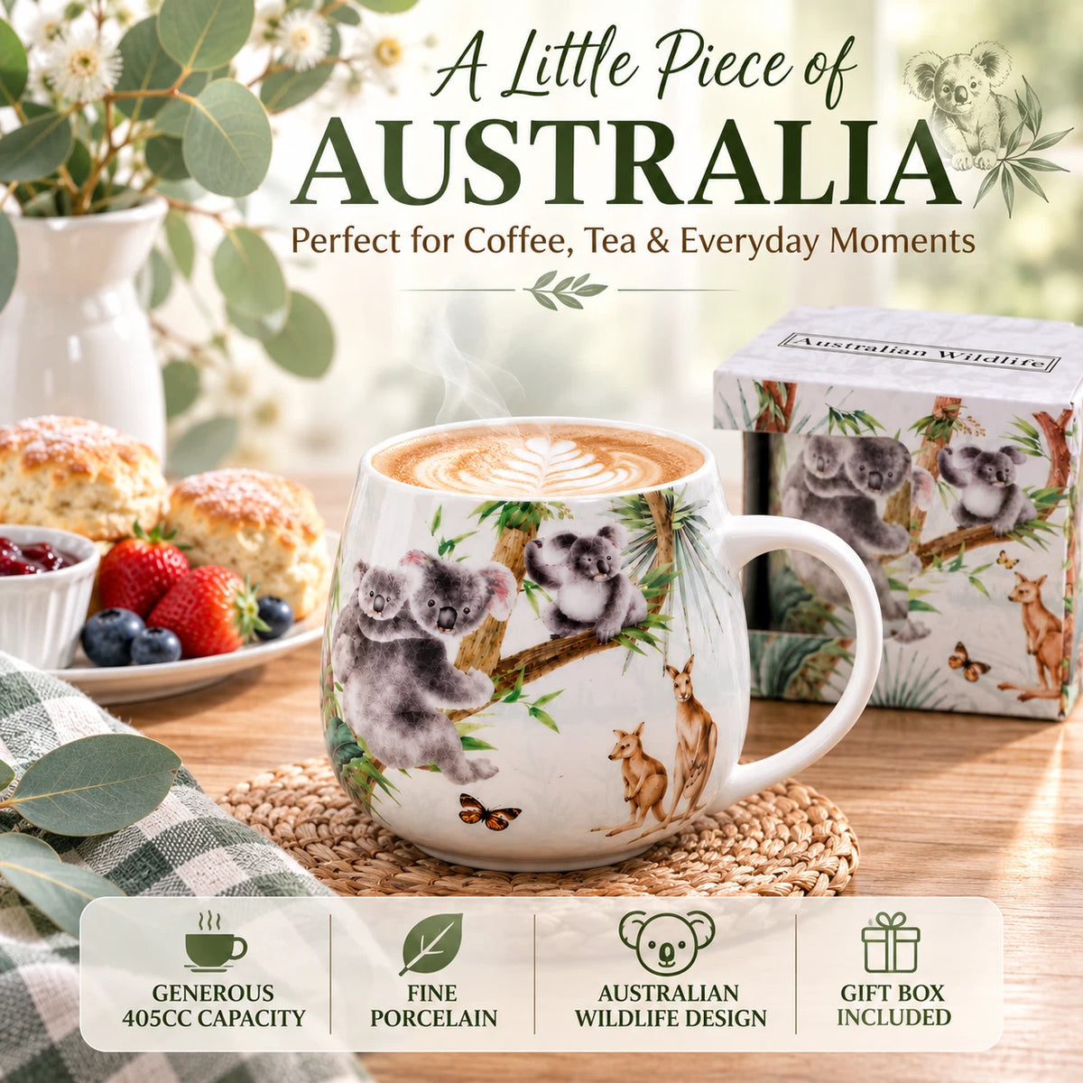 1-6x Australian Wildlife Koala Mug 400cc Fine Porcelain Coffee Tea Cup Gift Box
