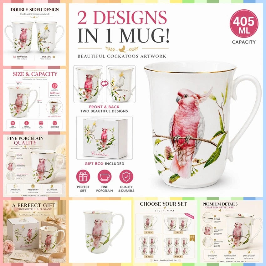 1-6x Australia Bird 405cc Fine Porcelain Coffee Mug Cockatoo Pink Yellow Tea Cup Gift
