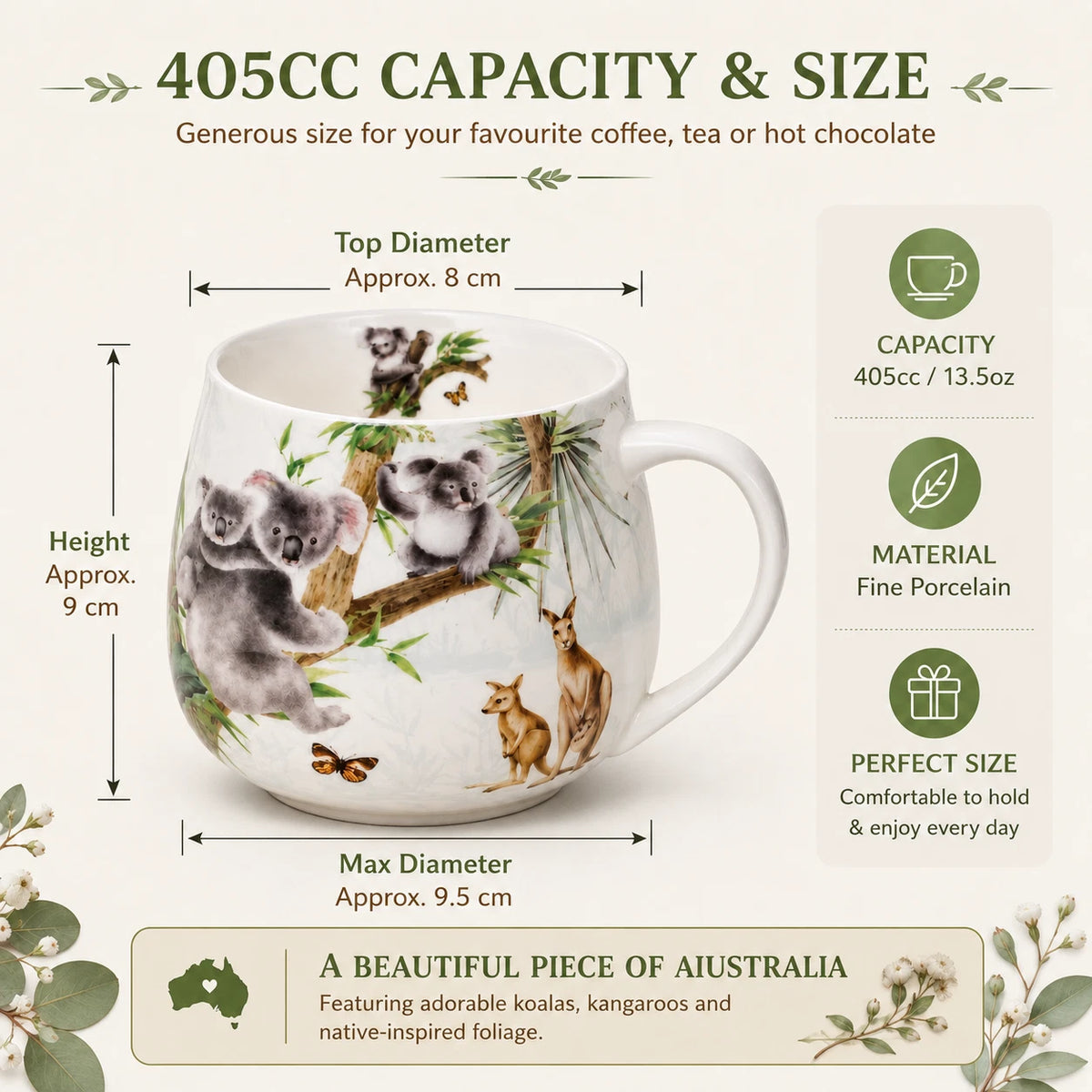 1-6x Australian Wildlife Koala Mug 400cc Fine Porcelain Coffee Tea Cup Gift Box