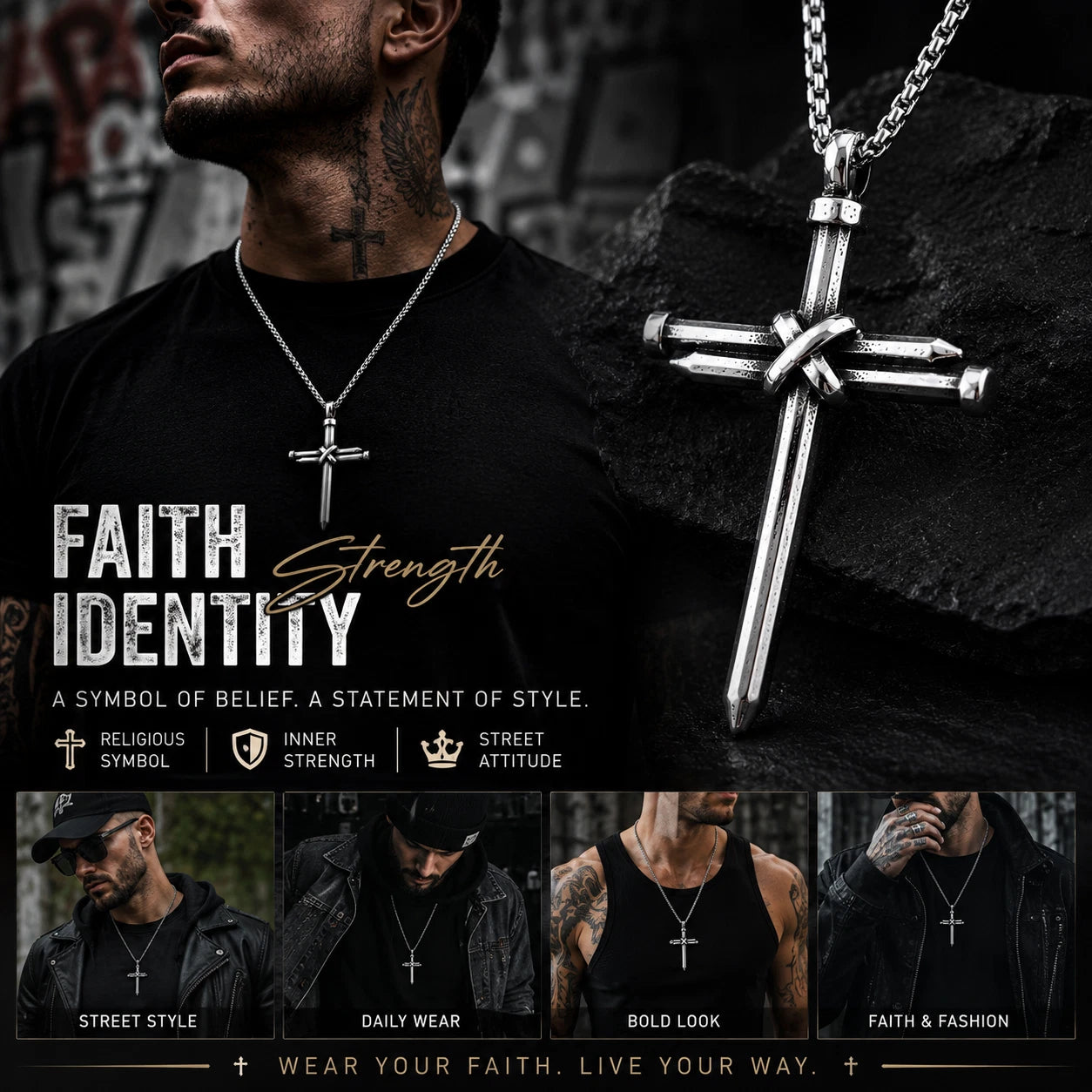 Men Stainless Steel Nail Cross Necklace Silver Crucifix Pendant Religious Jewelry Chain PN0328