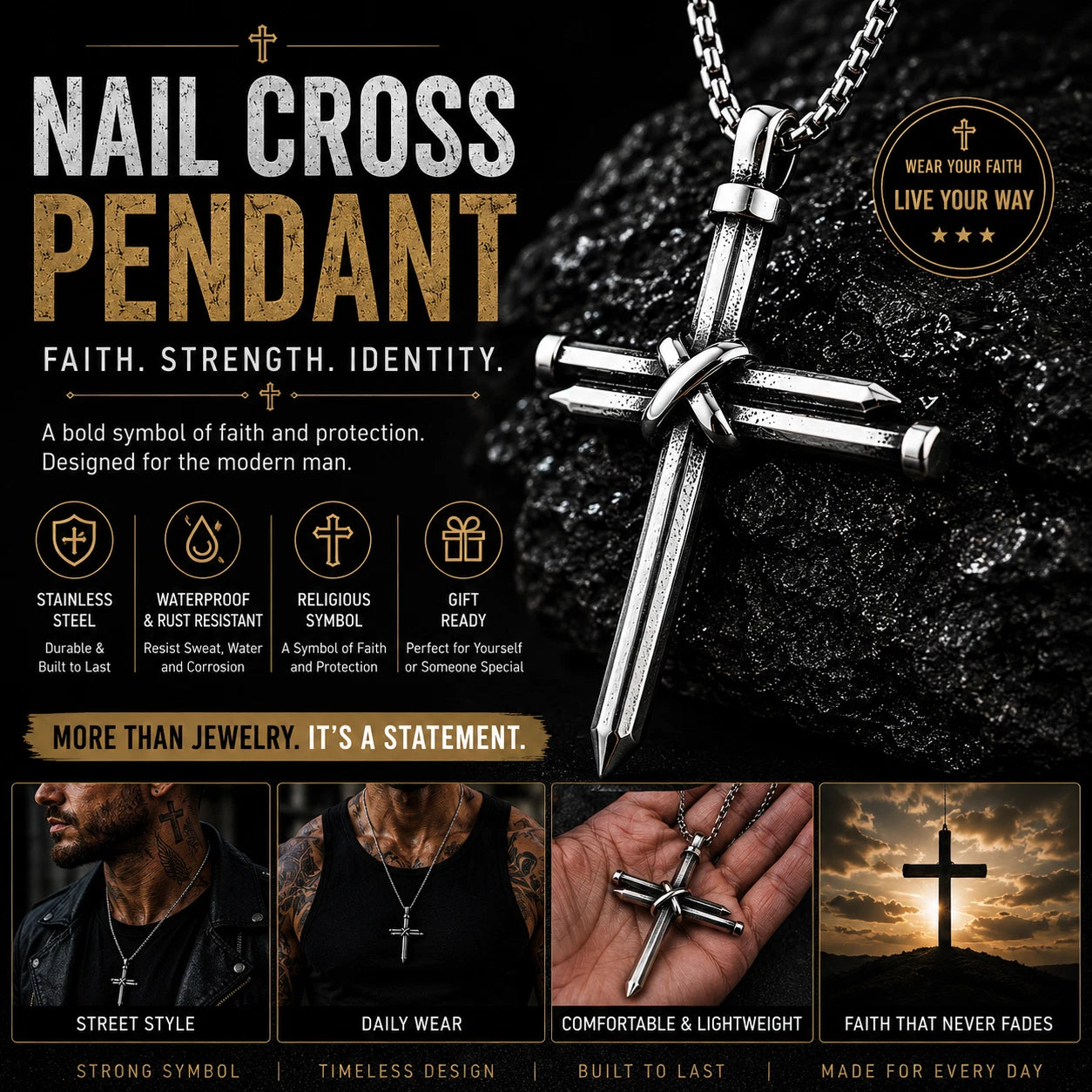 Men Stainless Steel Nail Cross Necklace Silver Crucifix Pendant Religious Jewelry Chain PN0328