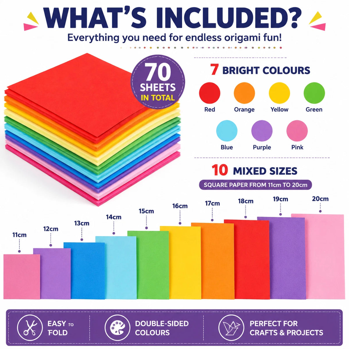 2 Pack 70 Sheets Origami Paper 7 Colours Square Folding Craft Paper Mixed Sizes DIY Kid
