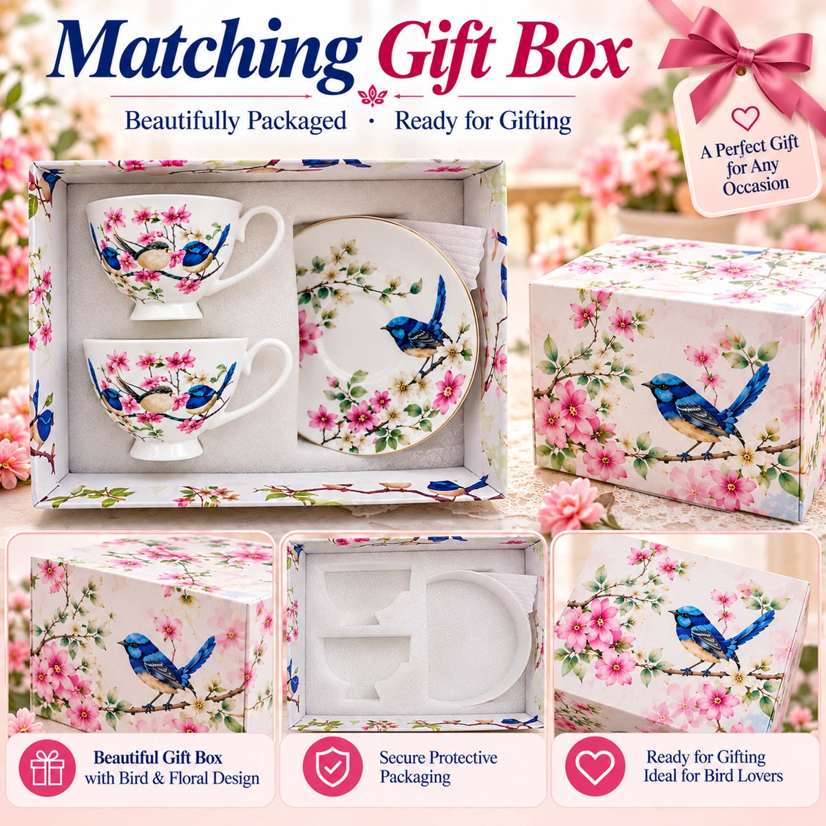 Set of 2 Cups & Saucers 250cc Australian Blue Wren Bird Fine Porcelain Gift Box